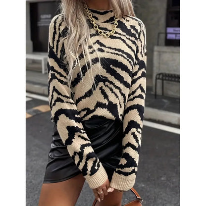 Zebraprint Trui Dames – Gebreide Sweater Met Ronde Hals