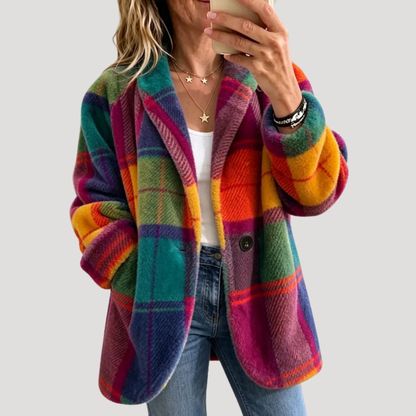 Dames Warme Teddy Jas Met Geruit Patroon En Knoopsluiting