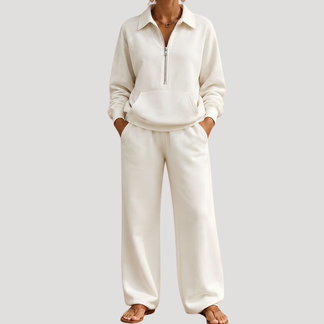 Warme Dames Tweedelige Set Met Ritskraag En Lange Broek
