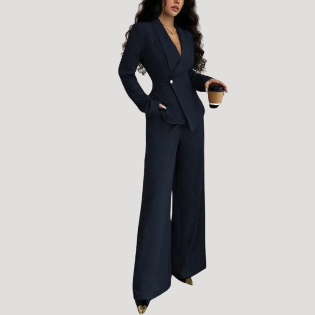 Luxe Dames Pak Met Getailleerde Blazer En Wijde Pantalon