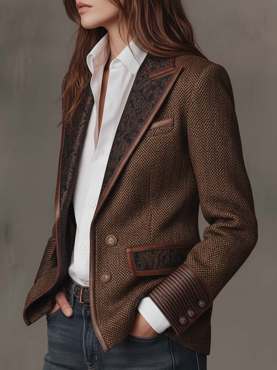 Vintage Blazer Dames – Visgraat Colbert Met Borduursel