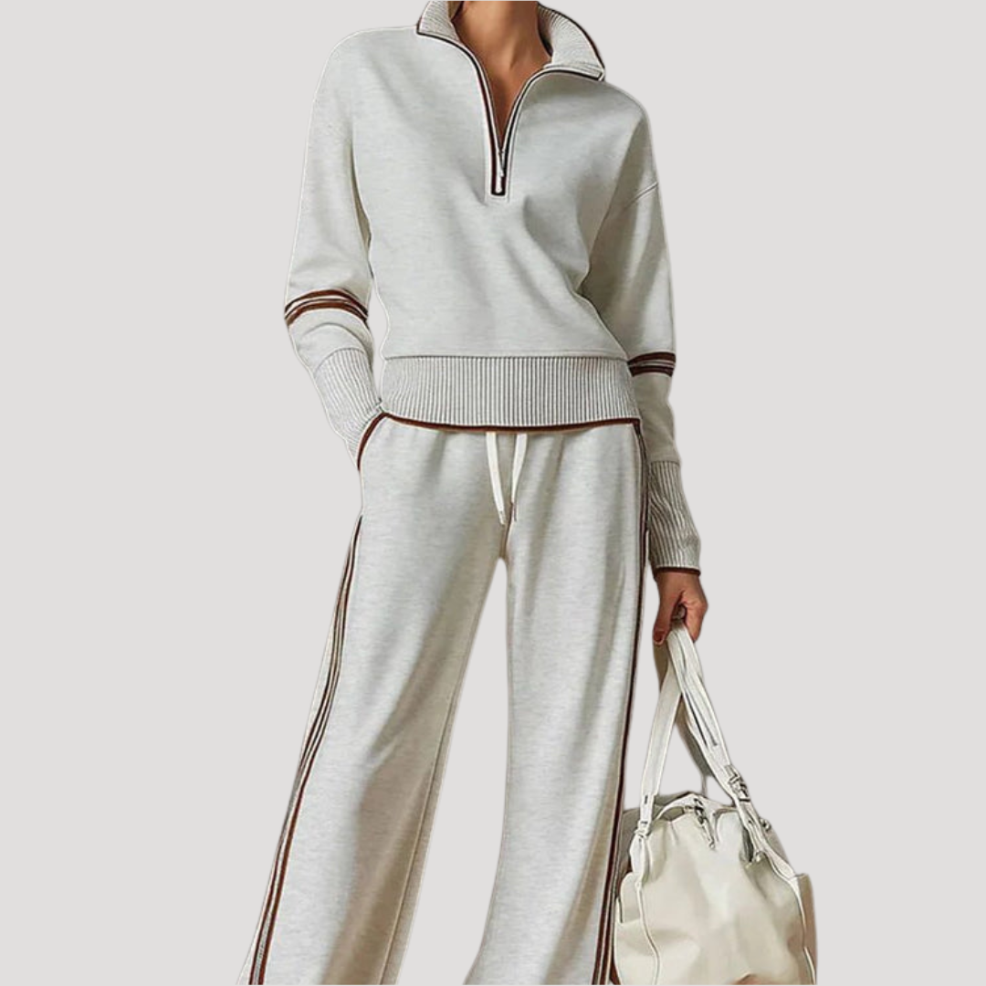 Sportieve Tweedelige Dames Set Met Hoge Kraag En Wijde Broek