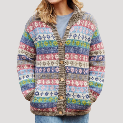 Dames Gebreid Cardigan Met Scandinavisch Patroon En Knopen