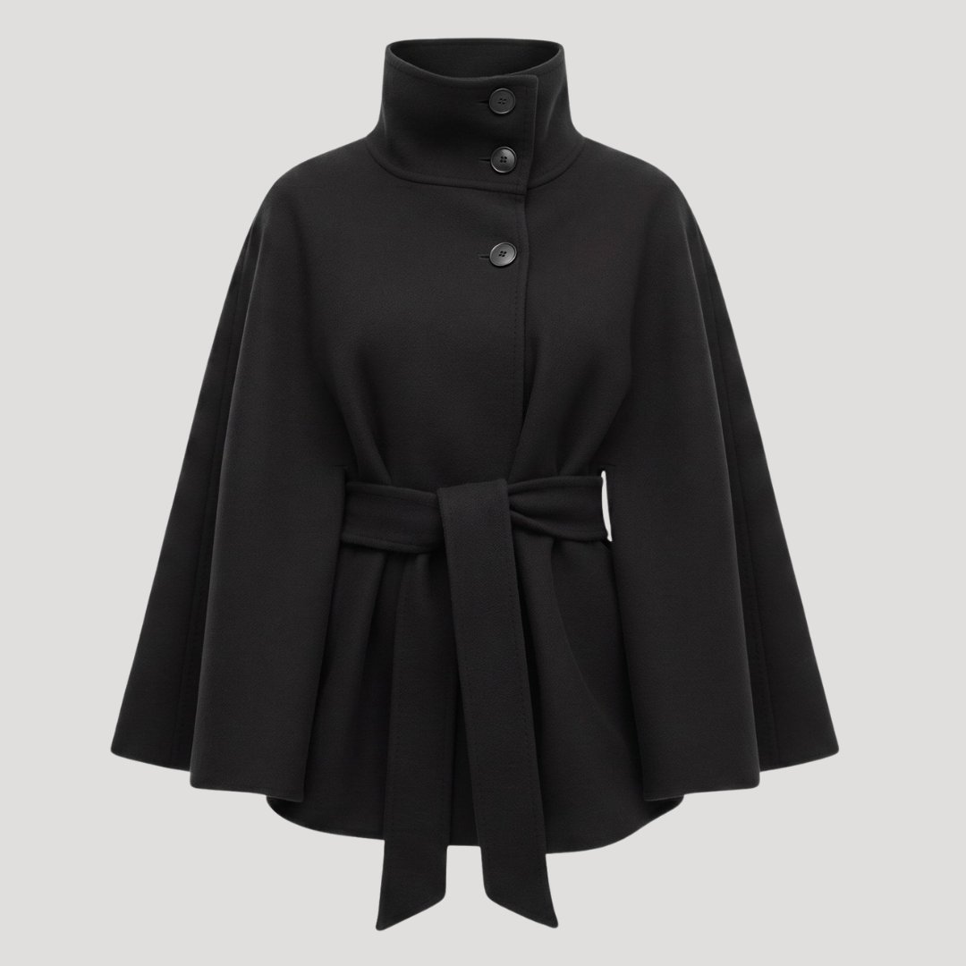 Stijlvolle Dames Poncho Jas Met Knoopdetail En Strikceintuur