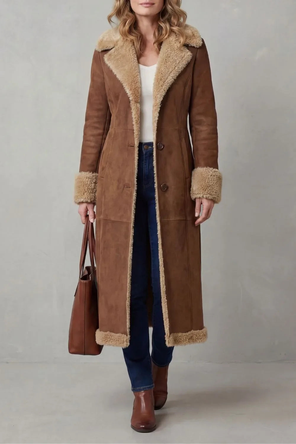Lange Bruine Dames Winterjas Met Teddy Voering En Kraag