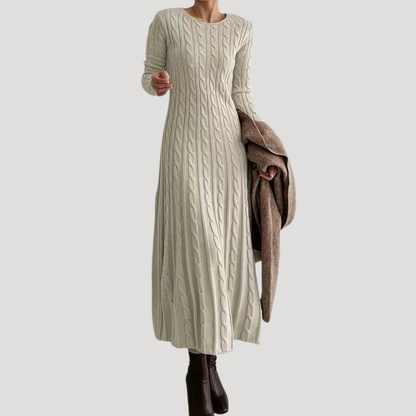 Lange Dames Sweaterjurk Met Kabelpatroon En Ronde Hals
