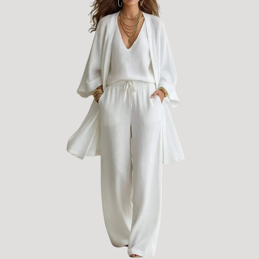 Dames Driedelige Set Met Wijde Broek En Lange Kimono