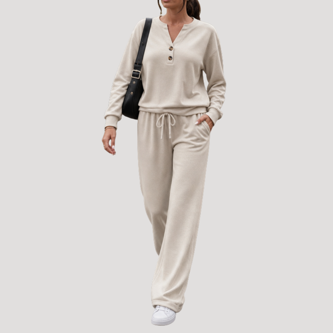 Casual Dames Tweedelige Set Met Knoopdetail En Trekkoordbroek