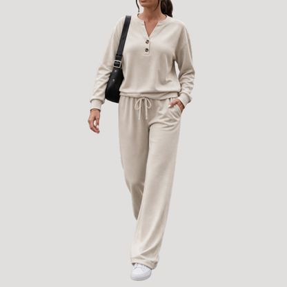 Casual Dames Tweedelige Set Met Knoopdetail En Trekkoordbroek