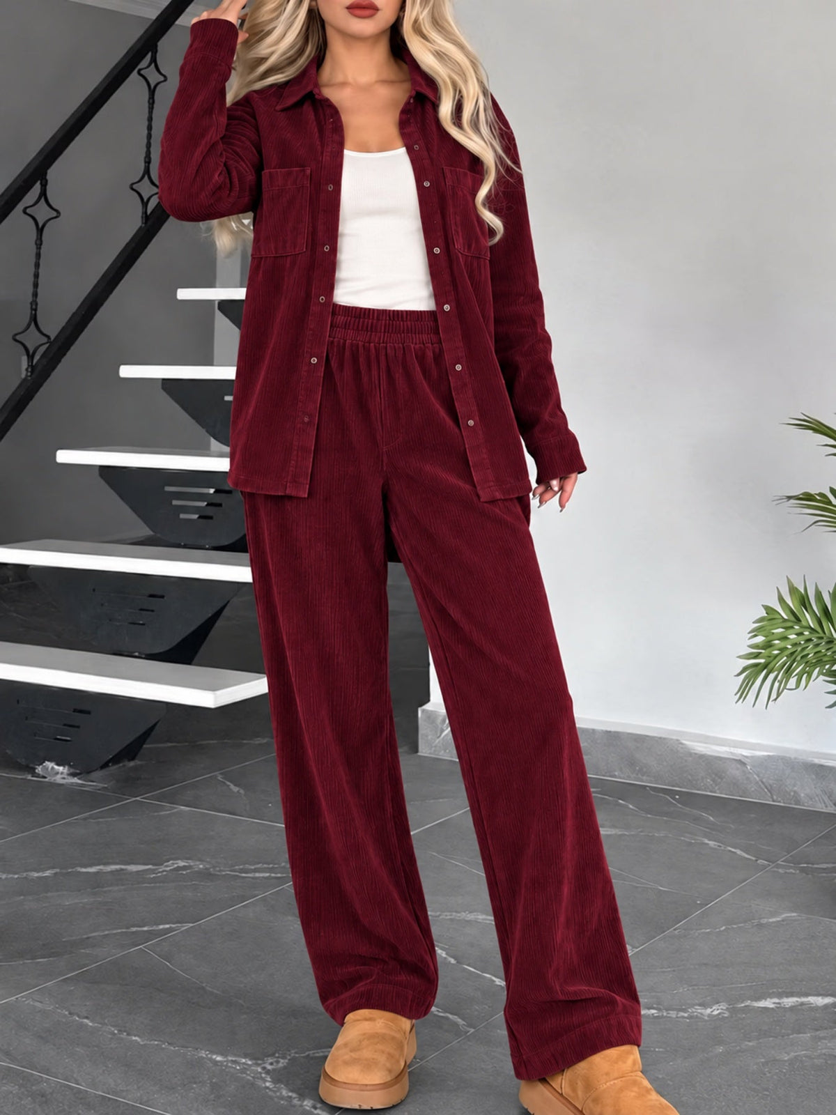 Corduroy Set Dames – Tweedelige Blouse & Wijde Broek