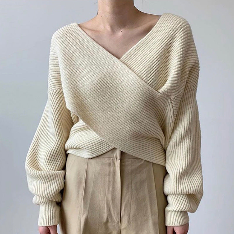 Gebreide Overslagtrui Dames – Sweater Met Gekruist Voorpand