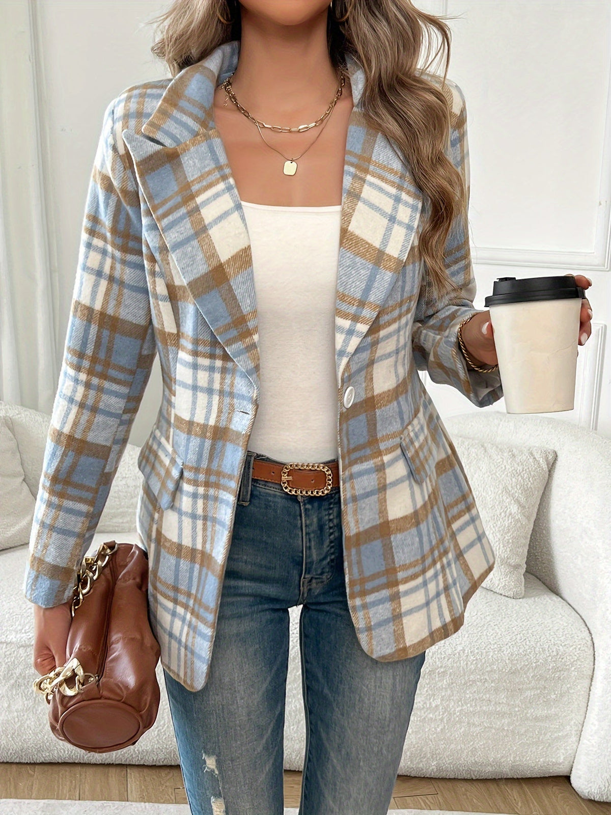 Chique Geruite Blazer Dames – Getailleerd Colbert