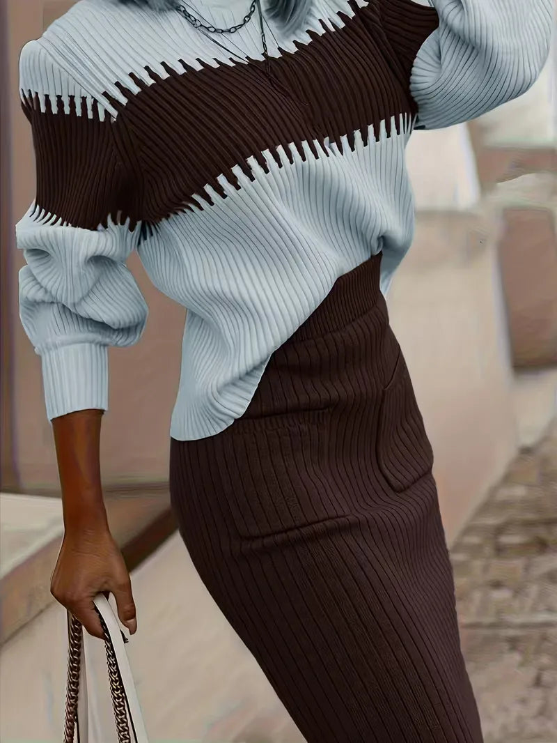 Tweedelige Ribgebreide Set Dames – Trui & Bijpassende Rok