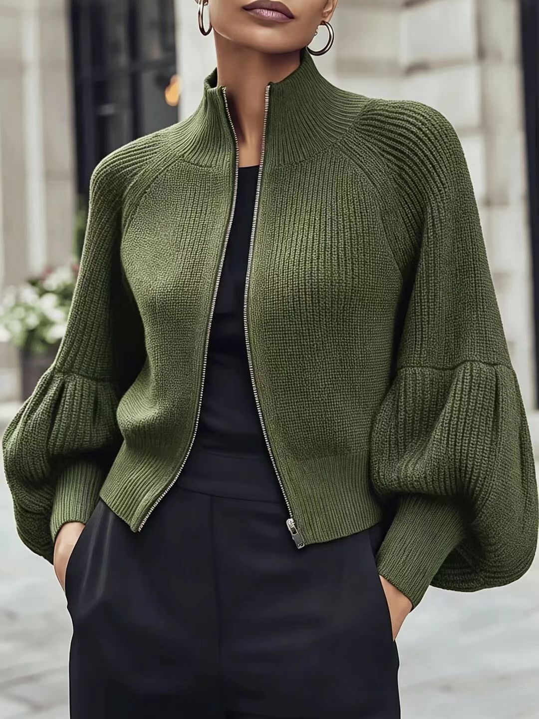 Kort Gebreid Vest Dames – Cropped Cardigan Met Pofmouwen