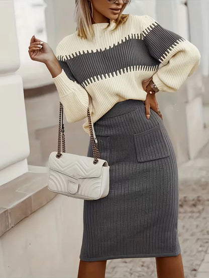 Tweedelige Ribgebreide Set Dames – Trui & Bijpassende Rok