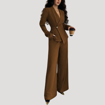 Luxe Dames Pak Met Getailleerde Blazer En Wijde Pantalon