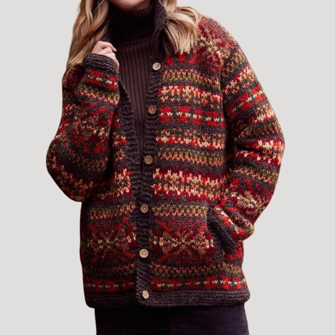 Dames Gebreid Cardigan Met Scandinavisch Patroon En Knopen