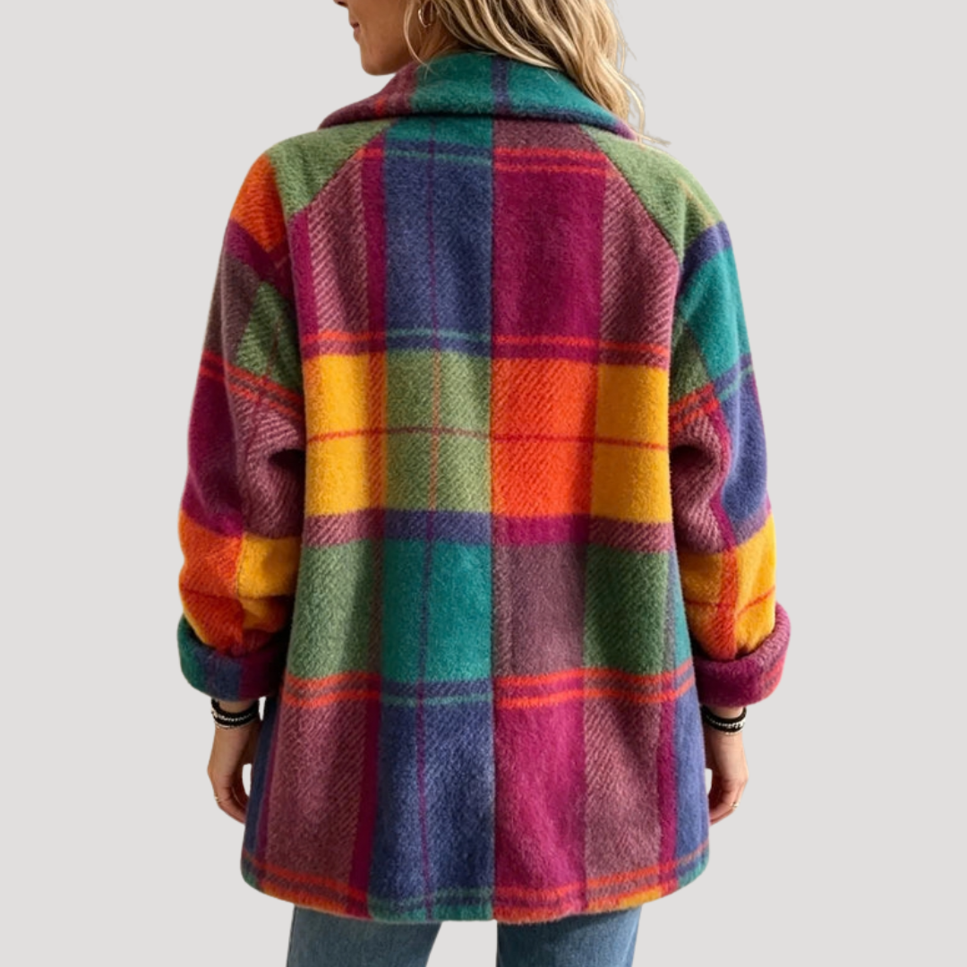 Dames Warme Teddy Jas Met Geruit Patroon En Knoopsluiting