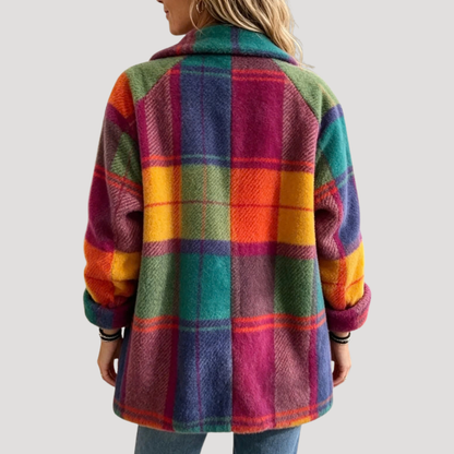 Dames Warme Teddy Jas Met Geruit Patroon En Knoopsluiting