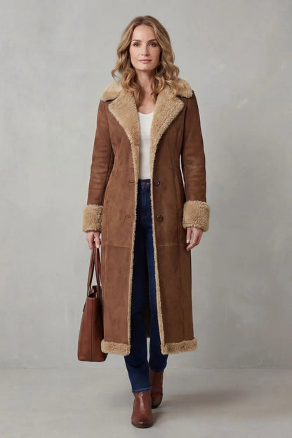 Lange Bruine Dames Winterjas Met Teddy Voering En Kraag