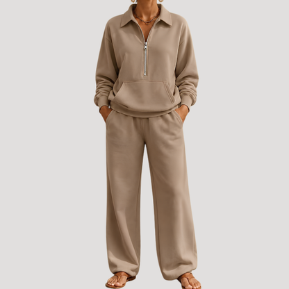 Warme Dames Tweedelige Set Met Ritskraag En Lange Broek