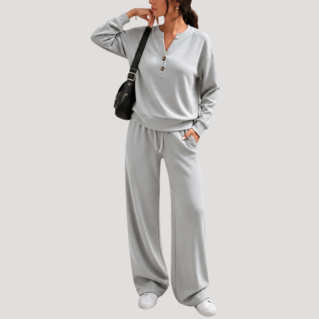 Casual Dames Tweedelige Set Met Knoopdetail En Trekkoordbroek