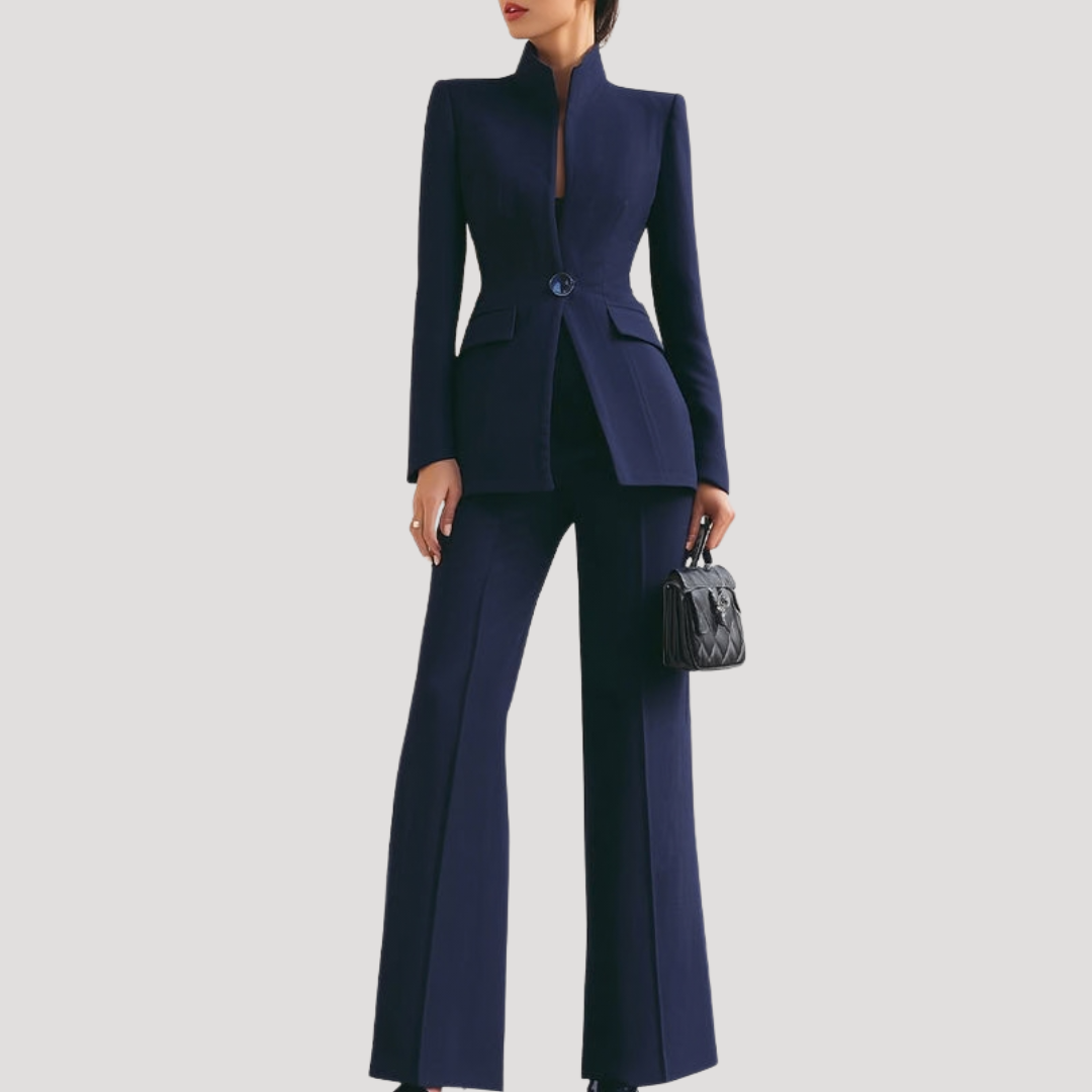 Getailleerd Dames Pak Met Hoge Kraag En Wijde Pantalon