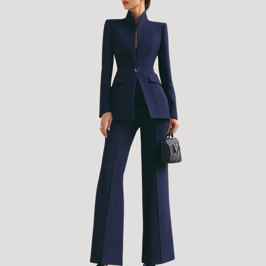 Getailleerd Dames Pak Met Hoge Kraag En Wijde Pantalon