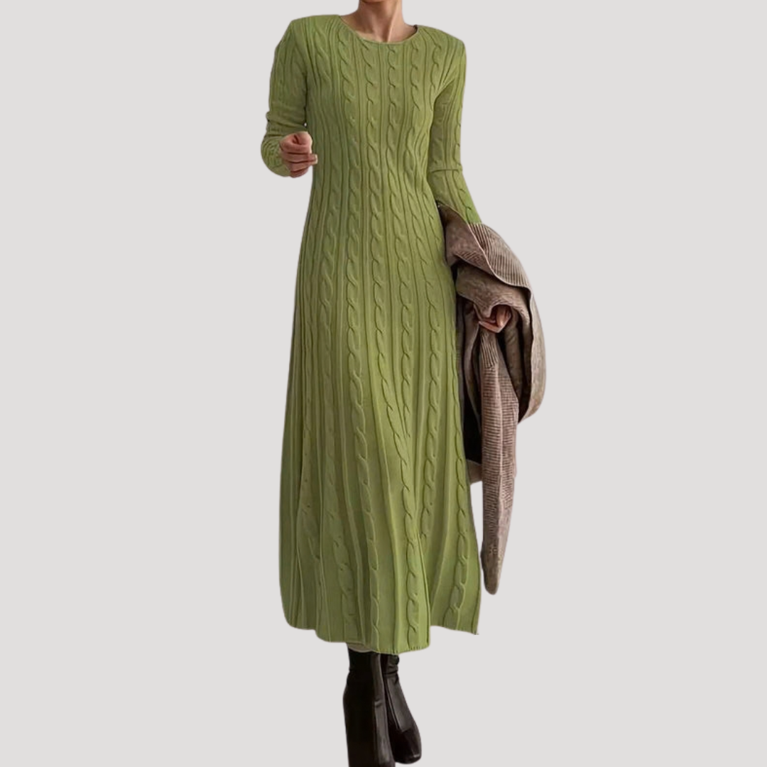 Lange Dames Sweaterjurk Met Kabelpatroon En Ronde Hals