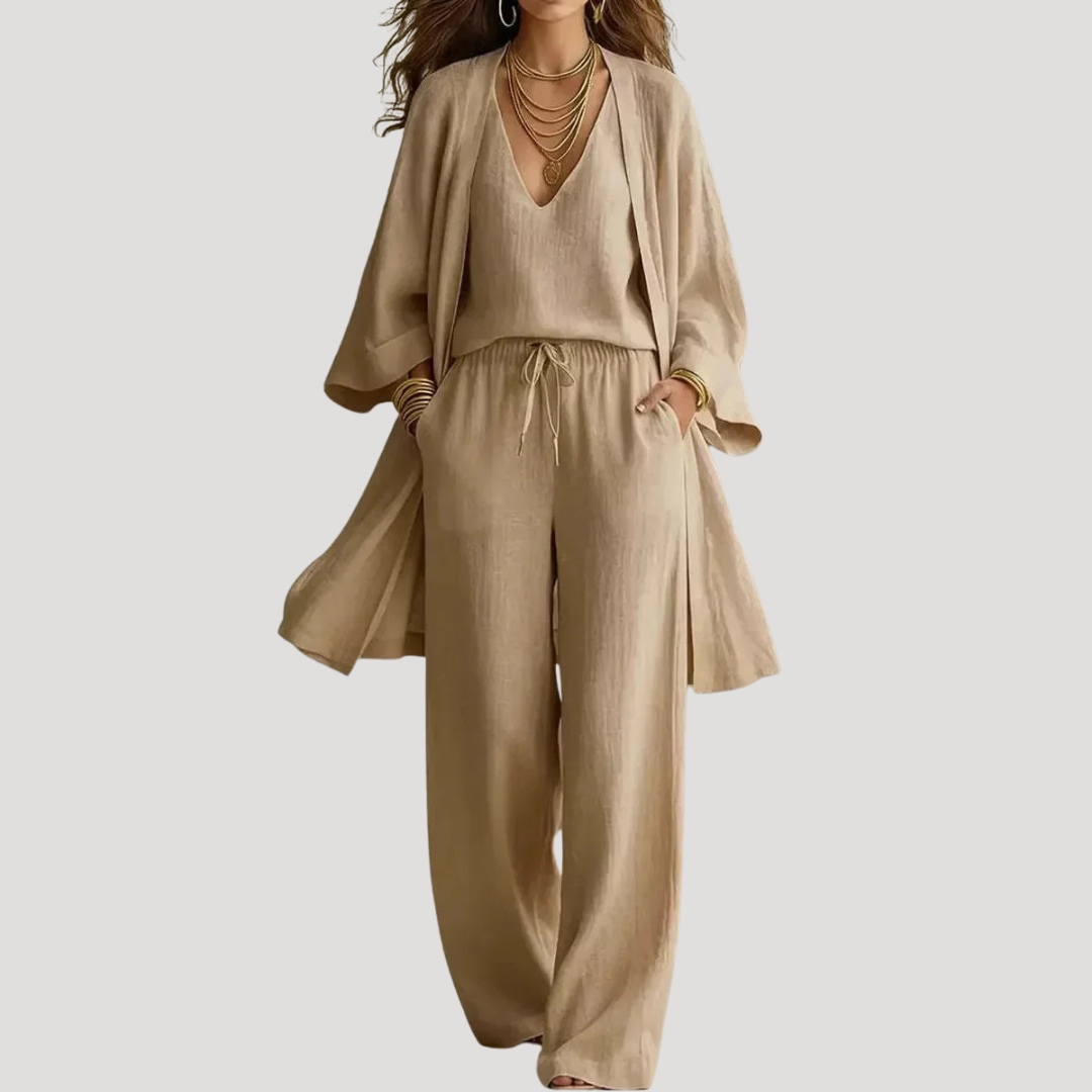 Dames Driedelige Set Met Wijde Broek En Lange Kimono