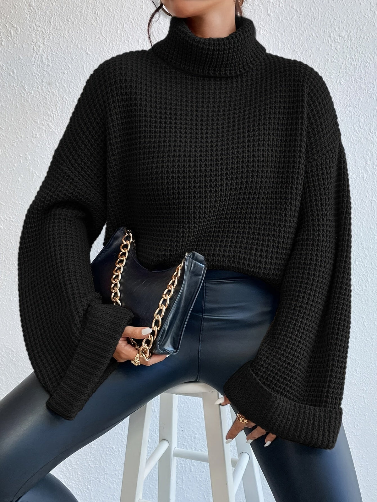 Oversized Coltrui Dames – Wafelgebreide Trui Met Wijde Mouwen