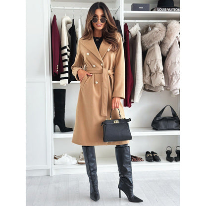 Elegante Lange Jas Dames – Wollen Mantel Met Ceintuur