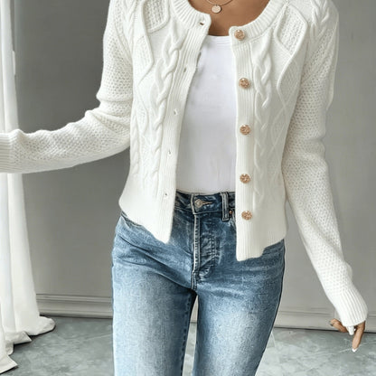 Dames Gebreid Korte Cardigan Met Kabelpatroon En Gouden Knopen