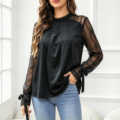 Kanten Blouse Dames Met Hoge Kraag – Plooien & Lange Mouwen