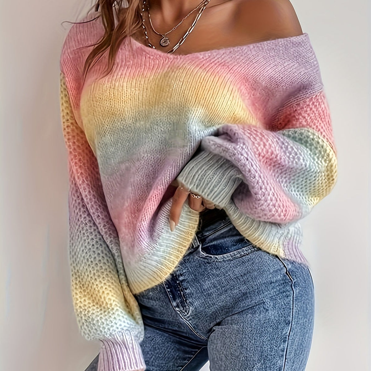 Off-Shoulder Trui Dames – Gebreide Sweater Met Kleurverloop