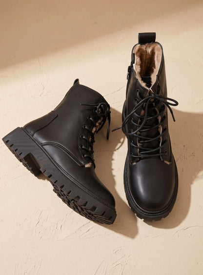 Leerlook Winterlaarzen Dames – Veterboots Met Fleecevoering