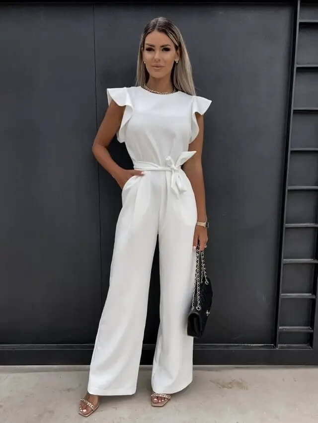 Elegante Jumpsuit Voor Dames Met Ruchesmouwen En Ceintuur