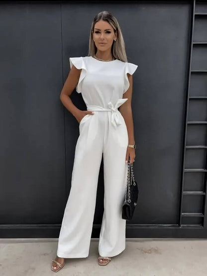 Elegante Jumpsuit Voor Dames Met Ruchesmouwen En Ceintuur
