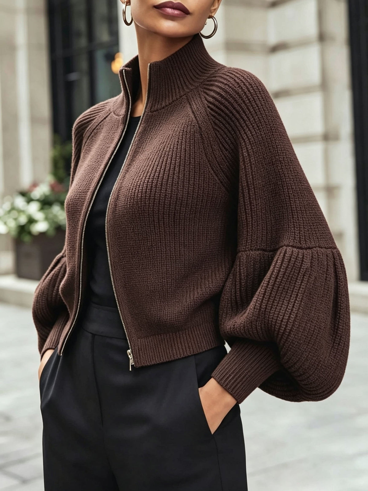 Vest Dames Met Pofmouwen – Cardigan Met Rits