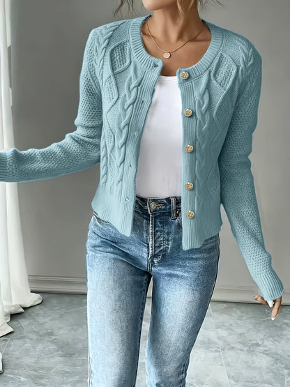 Dames Gebreid Korte Cardigan Met Kabelpatroon En Gouden Knopen