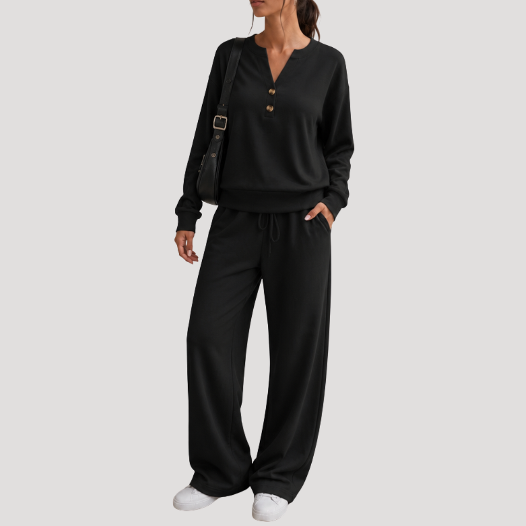 Casual Dames Tweedelige Set Met Knoopdetail En Trekkoordbroek
