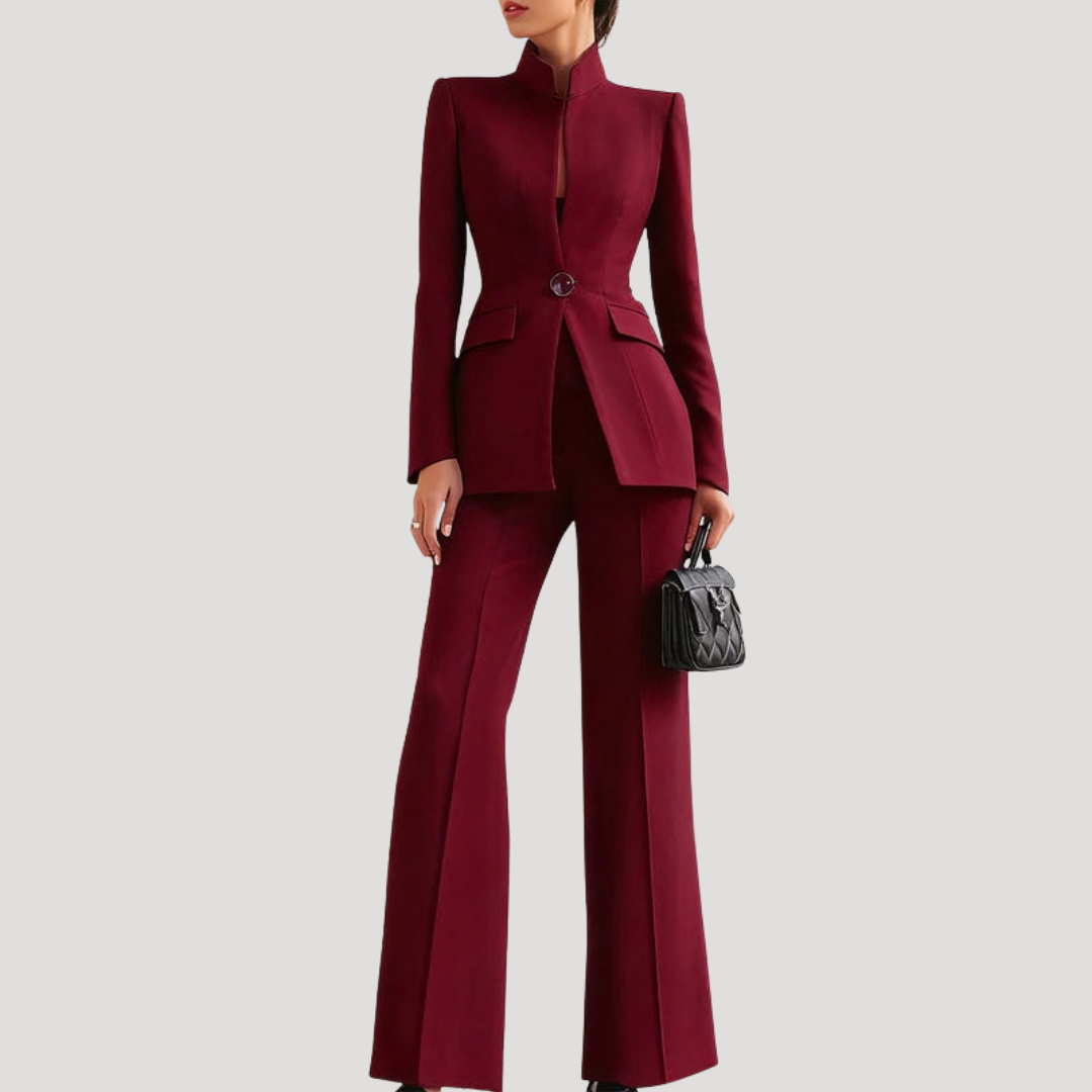 Getailleerd Dames Pak Met Hoge Kraag En Wijde Pantalon