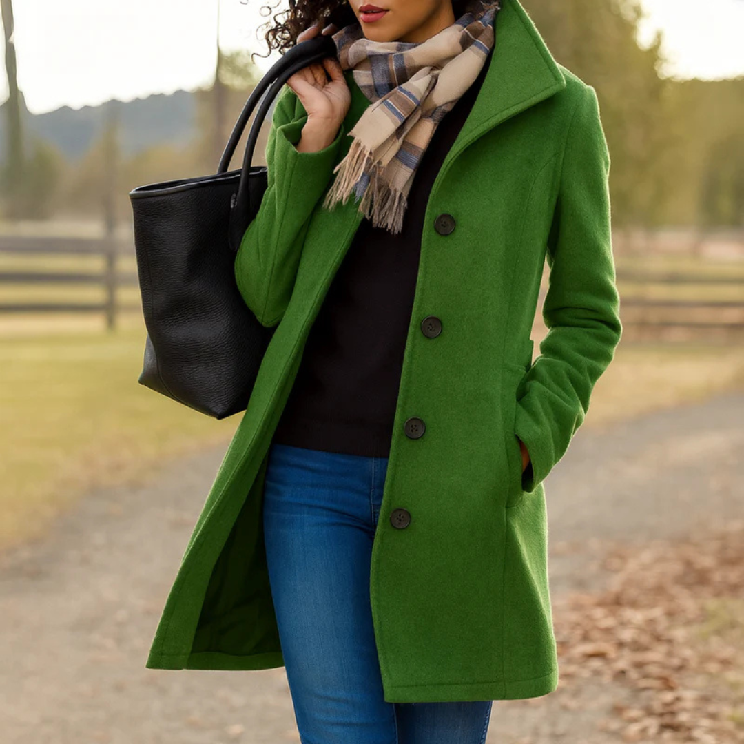 Lange Dames Mantel Jas Met Brede Kraag En Knoopsluiting