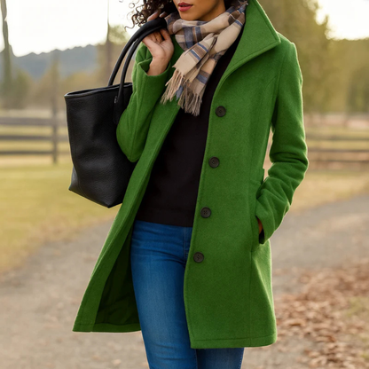 Lange Dames Mantel Jas Met Brede Kraag En Knoopsluiting