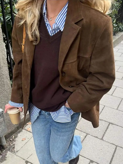 Bruine Blazer Jas Voor Dames Met Reverskraag En Knoopsluiting