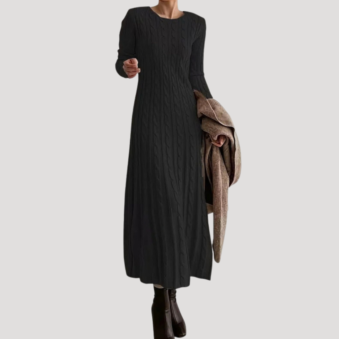 Lange Dames Sweaterjurk Met Kabelpatroon En Ronde Hals