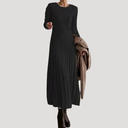 Lange Dames Sweaterjurk Met Kabelpatroon En Ronde Hals
