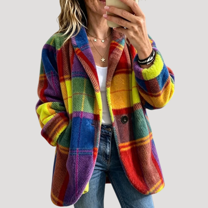 Dames Warme Teddy Jas Met Geruit Patroon En Knoopsluiting