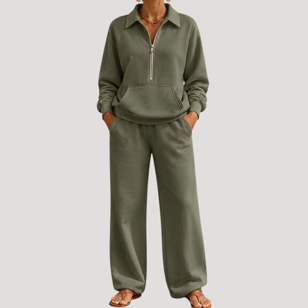 Warme Dames Tweedelige Set Met Ritskraag En Lange Broek