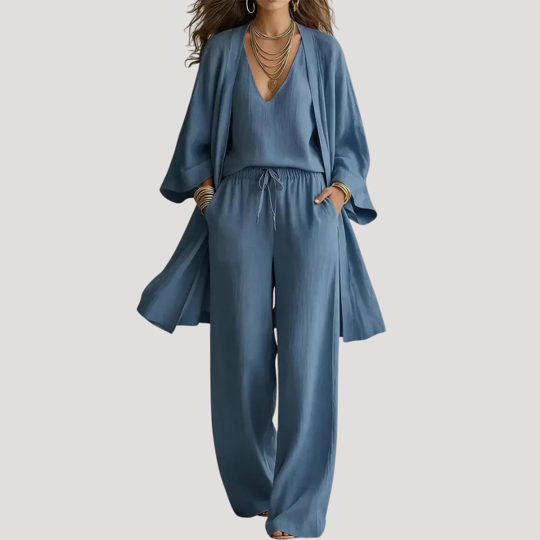 Dames Driedelige Set Met Wijde Broek En Lange Kimono